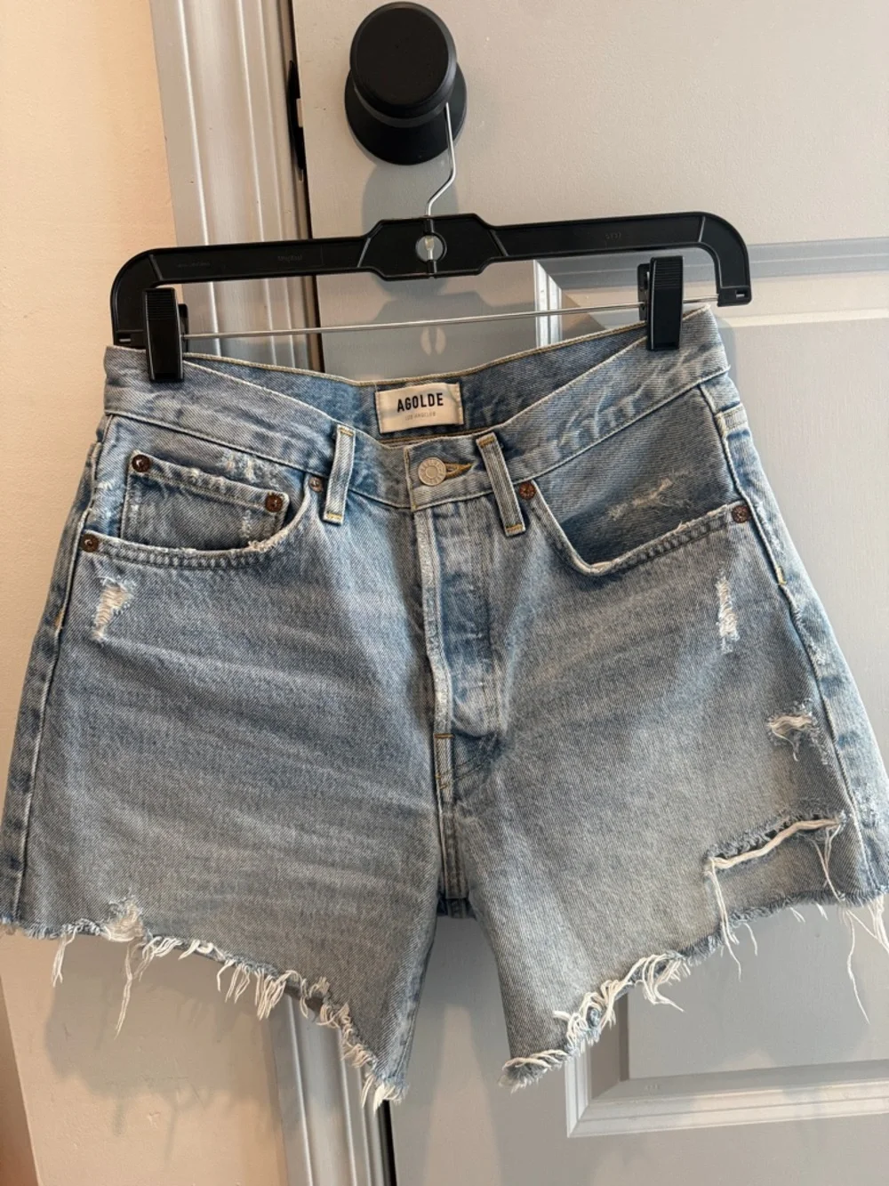 AGOLDE Parker Long Light Blue Distressed High-Rise Denim Cutoff Shorts